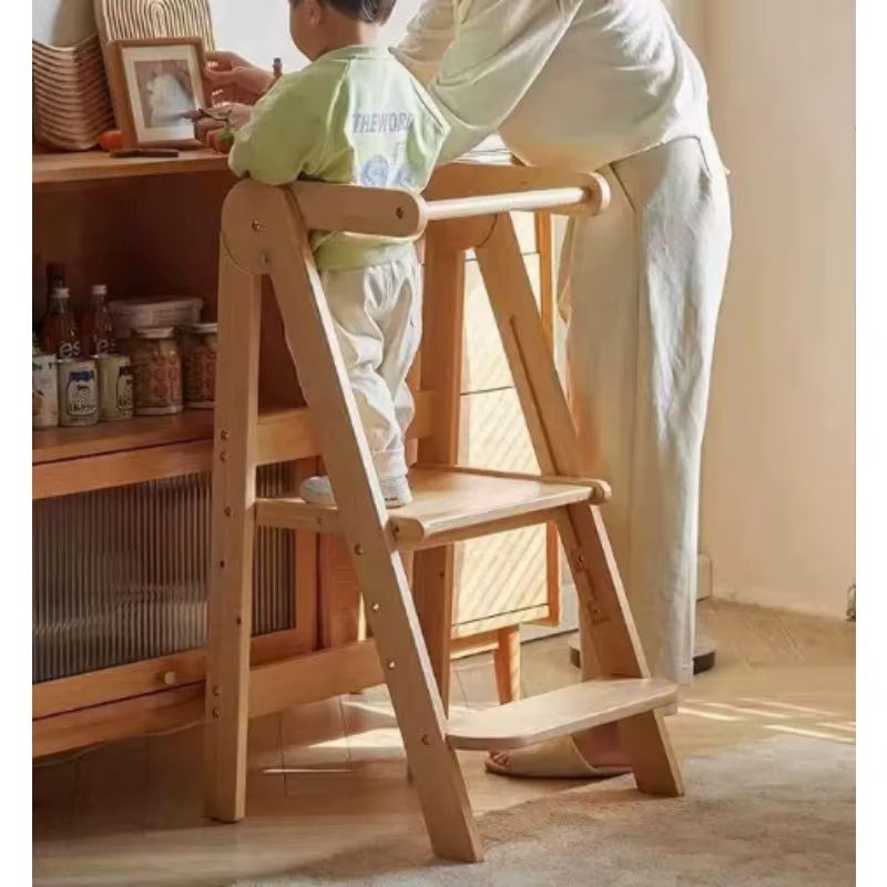 Foldable Wooden Learning Tower Toddler Baby Step Stool for Hand Washing and Kids Daily Learning