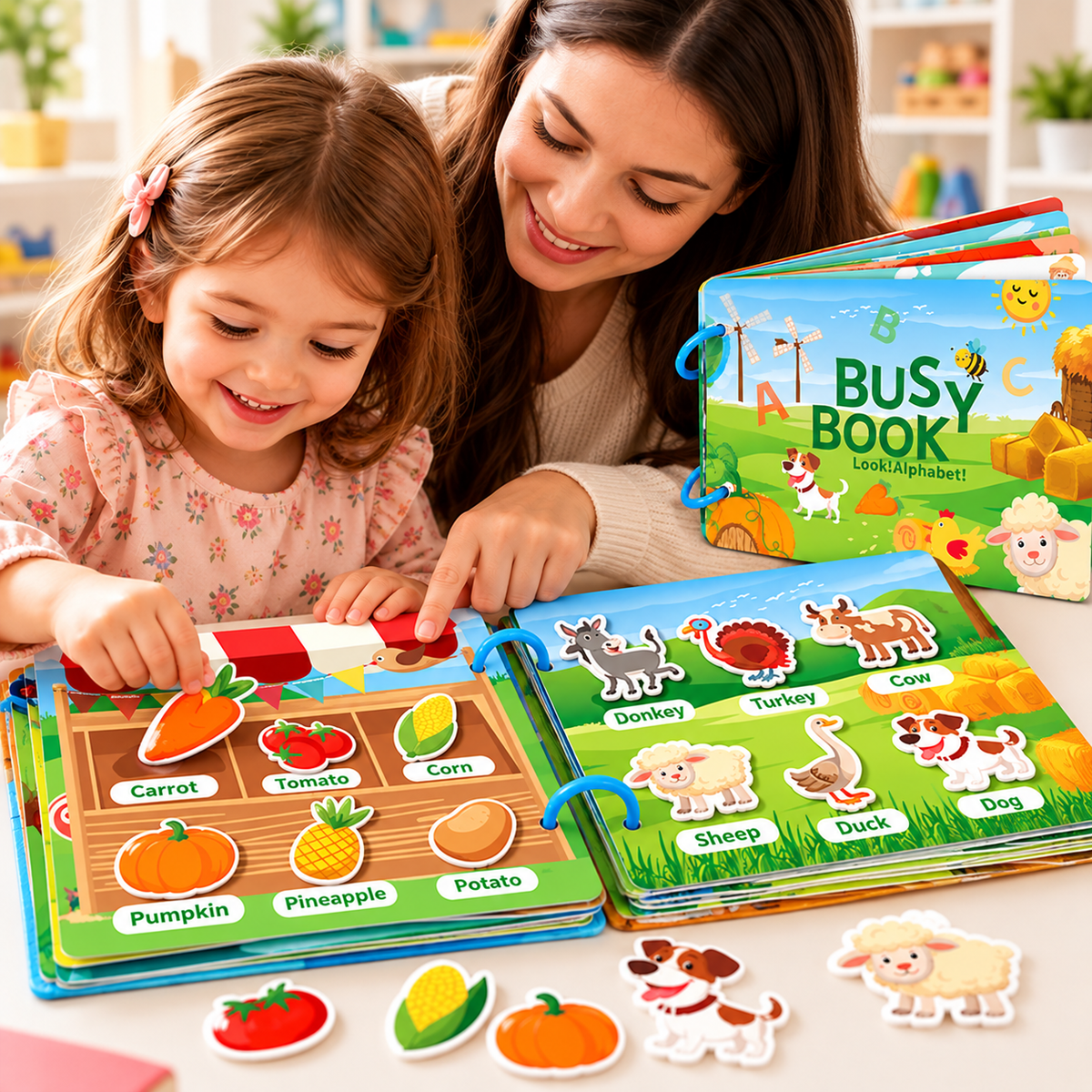 A child and an adult are playing with a colorful children's activity book set on a table. The open book shows alphabet letters, farm animals, and food pieces, with matching cutout pieces placed around it.