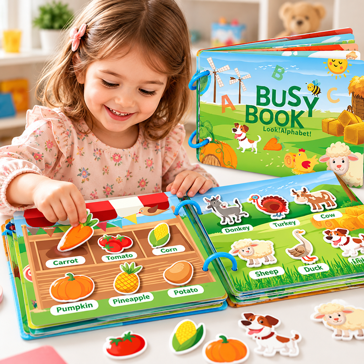 A young child is playing with a colorful magnetic alphabet and farm-themed learning book set on a white table. The open book shows magnetic vegetable and fruit pieces, and the closed book in the background shows the title 'BUSY BOOK Look!Alphabet!'.